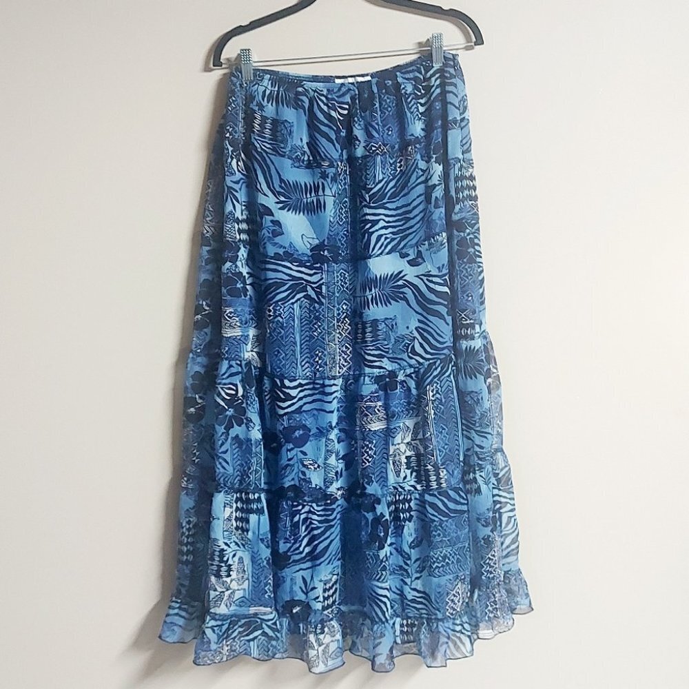 Vintage Mix Print Blue & Black A-Line Maxi Skirt